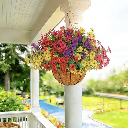 Senjie 12 Bundles Artificial Hanging Flowers with Basket for Outdoor Decor, UV Resistant Faux Flowers Fake Hanging Planter for Porch Patio Balcony - Thumbnail 2