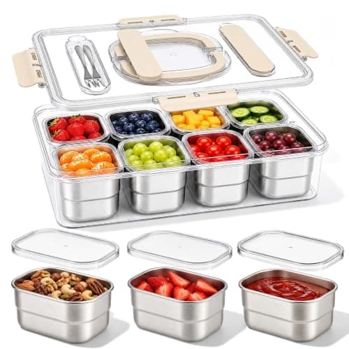 Snackle Box Container,4 Built-in Fruit Forks,8 Compartment Snack Platters with Lid Preservation for Fruit Snacks Nut Picnic,Portable Divided Serving Snack Food Tray Organizer for Travel Party&Picnic