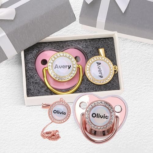 Custom Pacifier with Name, Bling Personalized Pacifier Clip Set with Gift Box Greeting Card, Glitter Crystal Luxurious Soother Dummy Ideal Gift for Girls Baby Shower Newborn Photography(Pink) - Thumbnail 3