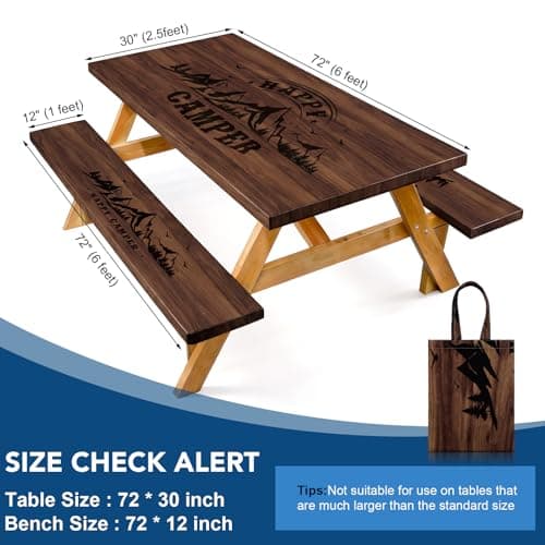 Picnic Table Cover with Bench Covers and Bag, 72in Camping Tablecloth, Waterproof Windproof Elastic Edges Fitted Rectangle Tables RV Gear Campers Must Have(Brown） - Thumbnail 4