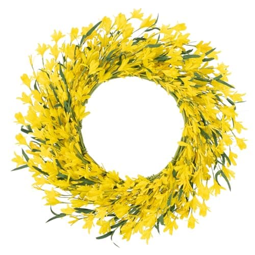 U'Artlines 22 Inch Spring Summer Wreaths for Front Door, Artificial Yellow Forsythia Wreath with Green Leaves, Large Silk Floral Wreath for All Seasons Window Wall Wedding Decor - Image 1