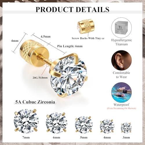 MHWTTY Hypoallergenic Cartilage Earrings for Women Men, 1 Pairs Titanium Stud for Women Gold Silver Black 20G Post & Screw Back with Cubic Zirconia 3 4 5 6 7 mm Piercing Jewelry (Gold, 5mm) - Thumbnail 2