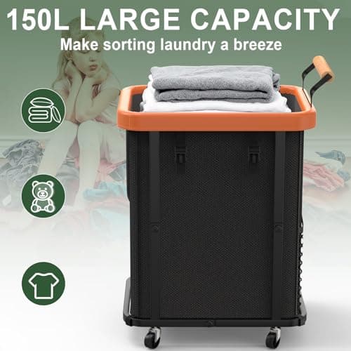 150L (40 Gal) Extra Large Fashion Laundry Basket with Wheels, Rolling Basket Hamper with Handle, Organizer Storage Cart with Sturdy Metal Frame for Laundry Room - Black - Thumbnail 2