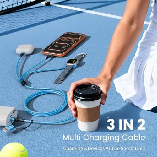 Cruise Travel Essentials 2026, 3 in 2 USB A/C Cable to iPhone 17 Charger/iWatch Charger/IP, Braided Multi Charging Cable Cord, Multi Charger Cable for iWatch Series & iPhone17-11/iPad [Blue, 5FT] - Thumbnail 2