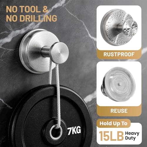 Fenas Large Suction Cup Hooks, Heavy Duty 15lb Holds Towel & Robe, No-Drill Shower Bathroom Hooks for Tile Wall Glass Mirror, Mounts on Smooth Non-Porous Surfaces (2 Pack, Brushed Nickel) - Thumbnail 2