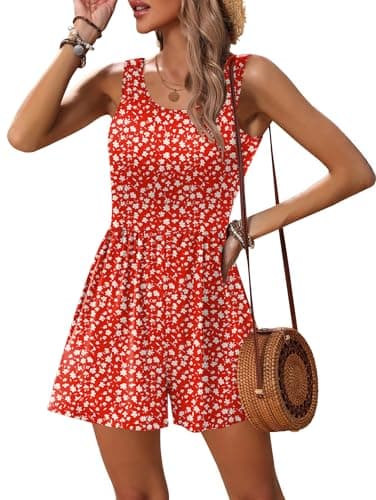 Ekouaer Rompers for Women Summer Romper Sleeveless Scoop Neck Short Jumpsuits for Women Beach Jumpsuit with Pockets 2026 Red Floral Small - Image 1
