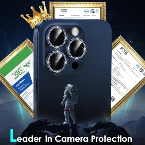 YWXTW Designed for iPhone 15 Pro/iPhone 15 Pro Max Camera Lens Protector Bling, [New Glitter Design] Individual Metal Tempered Glass Camera Cover Accessories Case Friendly (Blue Titanium Glitter) - Thumbnail 2