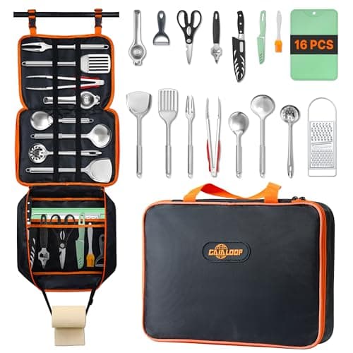 GAIALOOP Camping Cooking Utensils Set 16 PCS Camp Kitchen Cookware Kit with Organizer Bag, Portable RV Camping Essentials Camper Must Haves for Cookouts Open Fire Pit - Image 1