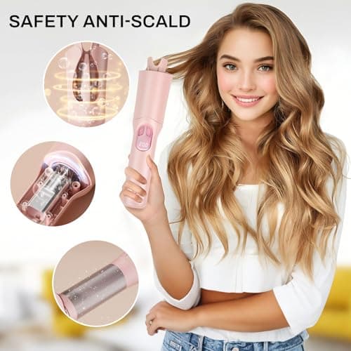 UOEPOWA Automatic Rotating Wireless Curling Iron, USB-C Rechargeable, Negative Ion Ceramic, Anti-Burn & Anti-Tangle, Ideal Choice for Women, Space-Saving Portable Design for Home & Travel (Pink) - Thumbnail 4