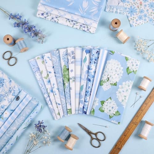 25 Pcs Blue Quilting Fabric Scraps, 10''x10'' Blue Cotton Fabric Squares Vintage Precut Quilt Kits Include Floral Stripes Printed Pattern for DIY Craft Supplies - Thumbnail 2