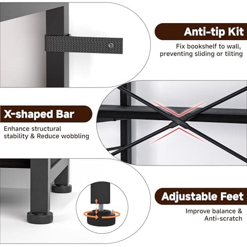 TEROL 7-Tier Corner Bookshelf, Reversible Wooden Shelves, Industrial Bookcase with Open Shelves and Sturdy Metal Frame, Display Shelf Storage Rack for Living Room, Bedroom, Home Office (Rustic Brown) - Thumbnail 4