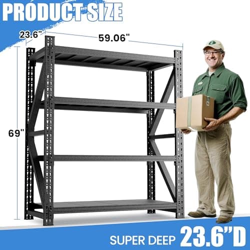 BIZOEIRON Heavy Duty Garage Storage Shelves 5000LBS Capacity, 59" Wide Metal Garage Shelving Units, 4-Tier Large Industrial Shelving for Shop Warehouse Basement Factory, 59" W x 24" D x 69" H - Thumbnail 2