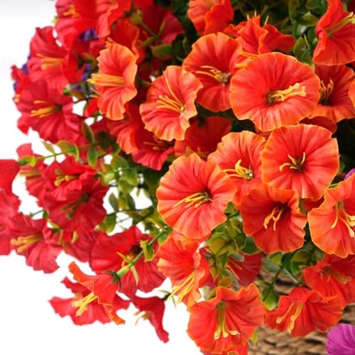 maxkes Artificial Flowers for Outdoors, UV Resistant Fake Silk Morning Glory, Realistic Faux Plants for Outside Porch Patio Window Box Hanging Planter (16, Orange) - Thumbnail 4