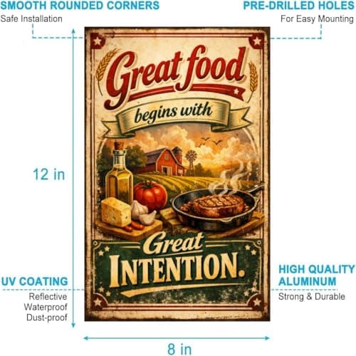 Great Food Begins With Great Intention Tin Sign Vintage Kitchen Wall Decor Rustic Farmhouse Cooking Quote Metal Poster Retro Culinary Art 8x12 Inch Food Lover Home Restaurant Cafe Wall Display - Thumbnail 5