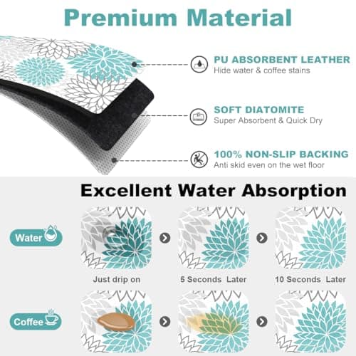 Findosom 2PCS 12" x 20" Dish Drying Mat & 24" x 5.5" Sink Splash Guard, Super Absorbent & Cuttable Dish Mat Drying Kitchen Mat with Teal Floral, Hide Stain Drying Mat for Kitchen Counter - Thumbnail 5