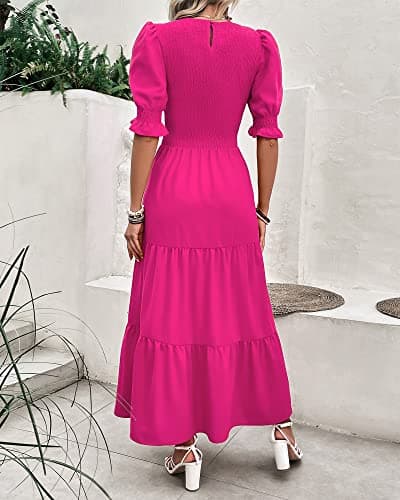 BTFBM Women Casual Summer Dresses 2025 Spring Crew Neck Ruffle Short Sleeve Floral Print Smocked Boho Flowy Maxi Dress(Solid Rose Red, Large) - Thumbnail 4