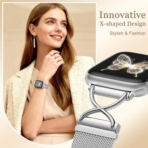 Dirrelo Band Compatible with iPhone Watch Bands for Women 40mm 41mm 38mm 42mm 44mm 45mm 49mm, Metal X-shape Clasp Magnetic Strap for Apple Watch SE 3 Band Series 11/10/9/8/7/6/5/4/3/Ultra(1/2), Silver - Thumbnail 2