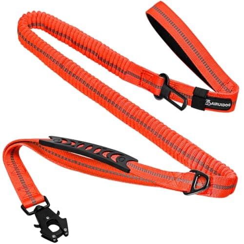 Heavy Duty Tactical Dog Leash, 4-6FT Shock Absorbing Bungee Leash with 2 Padded Handles, Metal Carabiner Clip, Car Seatbelt, Reflective leashes for Large Breed Dogs Medium Dog (Orange)