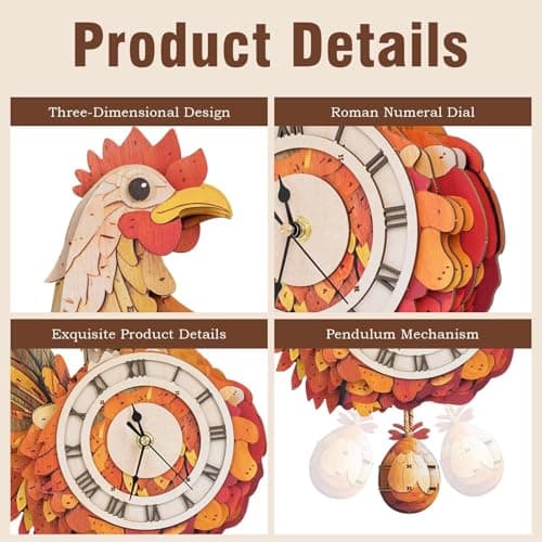 Kosmickiss 3D Wooden Puzzles for Adults-Retro Hen Wall Clock with Swinging-Mechanical Wooden DIY Clock Kit-Wooden Models for Adults to Build-Vintage Home Decor - Thumbnail 4