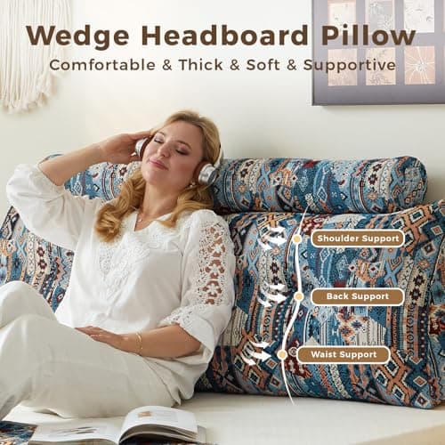 ZERALIVEN Boho Headboard Pillow for Twin XL, Large Triangular Wedge Pillow for Headboard Gap, Daybed for Sitting Up in Bed, Couch or Sofa with Removable Washable Cover and Side Pockets, Sky Bloom - Thumbnail 2
