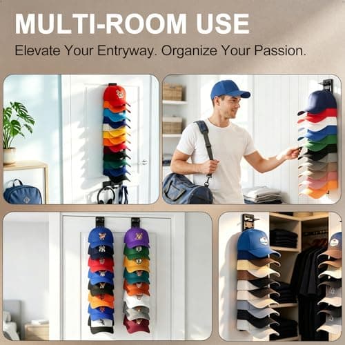 HeQe 2 Pack Hat Organizer for Baseball Caps, Hat Rack for Wall, Hat Storage, Hat Holder with Strong Adhesive and Screws (Black) - Thumbnail 6