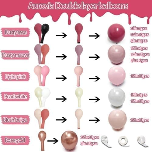 Dusty Rose Pink Balloon Garland Double Stuffed Dark Pink Mauve Pearl White Latex Balloons Blush Cream Balloon Arch Kit for Birthday Bridal Baby Shower Wedding Mother's Day Party Decorations - Thumbnail 3