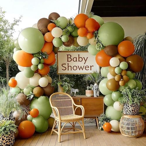 Green Orange Brown Balloon Garland Double Stuffed Sage Green White Sand Cream Balloon Arch Kit for Birthday Baby Shower Dinosaur Woodland Wild One Easter Party Decorations - Image 1