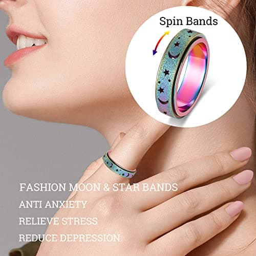 Fidget Toys Anxiety Ring for Women Stainless Steel Spinner Ring Fidget Rings Men Adult Silver Rainbow Black Color Pack Size 9 - Thumbnail 3