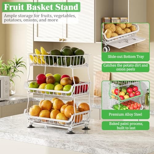 MJIMKE 3-Tier Rolling Cart with Wheels - Stackable Wire Baskets for Pantry Organization and Kitchen Storage, Floor & Countertop Fruit Organizers Vegetable Rack for Coffee Snack Onion Potato, Metal - Thumbnail 5