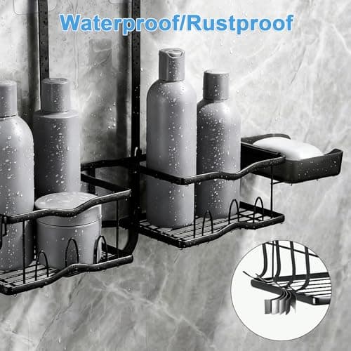 Depecal Shower Caddy Hanging Organizer, Rustproof Shower Organizer Hanging for Handheld Showerhead with Hooks for Razor/Sponge, Bathroom Caddy Rack Shower Shelves for Shampoo Soap Towels, Black - Thumbnail 4