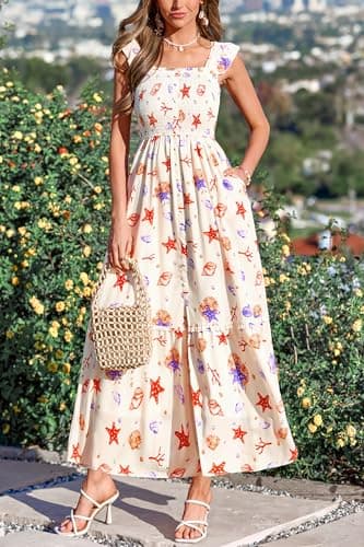 dowerme Womens Summer Maxi Dresses 2026 Casual Ruffle Sleeve Button Smocked Floral Slit Boho Dress Spring Beach Sundress(White Orange Red Flower,XX-Large) - Thumbnail 2