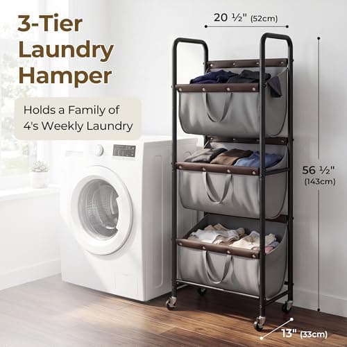 GRANNY SAYS 3 Tier Laundry Sorter, Laundry Hamper with Wheels, Laundry Room Organization and Storage, 3 Section Rolling Laundry Cart for Dorm, Bathroom, Bedroom, Closet, Grey - Thumbnail 2