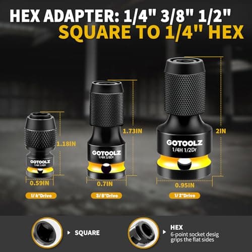 Quick Release Impact Bit Holder, 1/2" 3/8" 1/4" Square Drive Female to 1/4 Inch Hex Adapter, Impact to 1/4 Hex Converter, Socket Adapters for Rapid Attach and Release (HC-3P) - Thumbnail 2