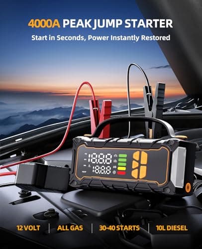 Battery Jumper Starter Portable, Jump Starter with Air Compressor-4000A 12V (7.0L Gas/ 6.0L Diesel) with 160PSI Tire Inflator, 10000mAh Jump Box Car Battery Jump Starter, Jumper Cables, LED Light - Thumbnail 3
