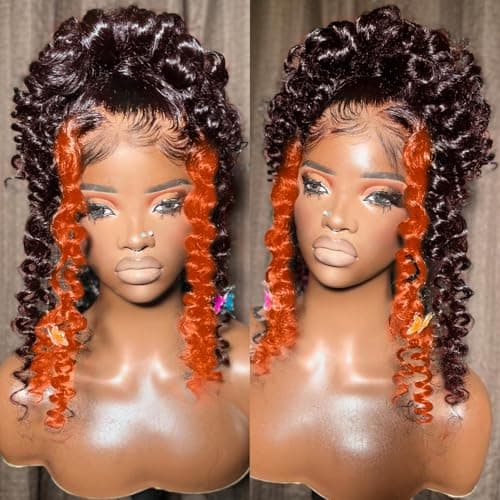 FFEGG 250 density Ginger Deep Wave Lace Front Wigs Human Hair Pre Plucked Hairline Glueless Wigs for Women 13x6 HD Lace Front Wigs Ginger Orange Curly Human Hair Wig Brazilian Hair 30 Inch - Thumbnail 2