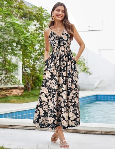 GRACE KARIN Womens Summer Floral Maxi Dresses 2026 Long Flowy Boho Dress Beach Vacation Sundresses Casual Clothes with Pocket Black Beige Floral S - Thumbnail 2