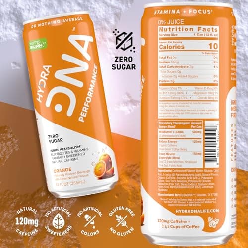 HYDRADNA- Clean Performance Drink, Zero Sugar | For Natural Fuel, Alertness, Boost, Stamina,120 mg Organic Caffeine, Natural Flavors, Zero Sucralose, Clean Ingredients (12 Pack) (12 Pack, Orange) - Thumbnail 2
