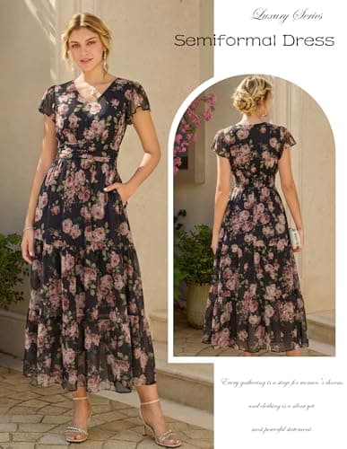 GRACE KARIN Women Summer Dress,Maxi Floral Dresses,V Neck Wedding Guest Flowy Dress 2026 Black-Based Clustered Roses S - Thumbnail 3