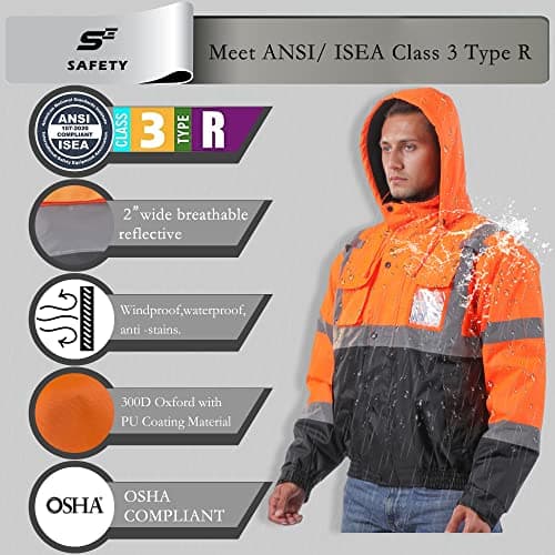 sesafety Reflective Jacket for Men, High Visibility Jackets, Safety Jackets for Men, Hi Vis Construction Bomber Jackets Waterproof with Pockets and Zipper, Black Bottom, Class 3 - Thumbnail 3