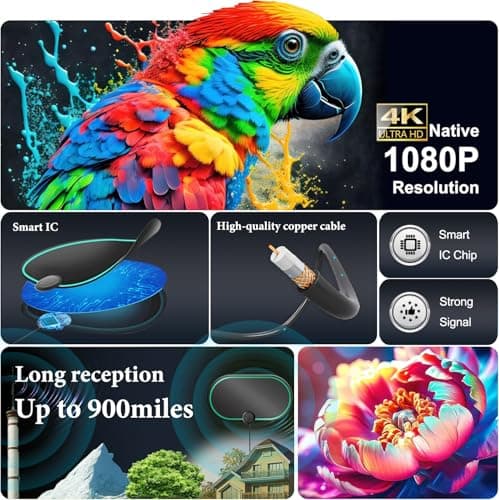 TV Antenna for Smart TV Indoor,HD Digital TV Antennas Long Range Signal Reception Up to 900 Miles, Support 4K 1080p All TVs,Easy Installation, Tv Receiver for Local Channels 10ft HDTV Coax Cable - Thumbnail 3