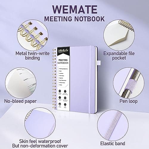 WEMATE 5 Pack Meeting Notebooks for Work（7"x10"） 200 Pages, PU Leather Notebook with Action Items & Note, For Staff & Students, Meeting, Projects Planning- Light Purple, Blue, Rose Gold, Green, Black - Thumbnail 6