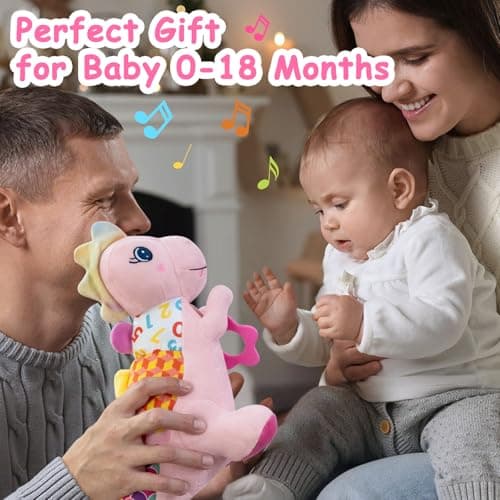 Baby Dino Plush Soft Stuffed Animal Toy for 0-3-6-12+ Months,Infant Musical Toy with Rattle,Squeaker,Sensory Crinkle,Teether & Textures,Tummy Time Toys Christmas Baby Gift for Newborn Girl(Pink) - Thumbnail 6