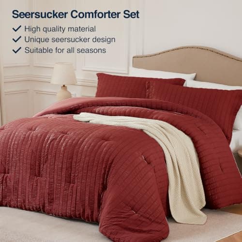 Quataly Queen Comforter Set Dark Red,3PCS Seersucker Lightweight Bedding Comforter for All Season, Queen Size(90''×90'' Comforter & 2 Pillowcases) - Thumbnail 4