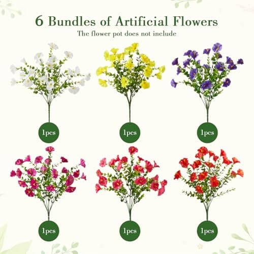 bakkiet Artificial Flowers for Outdoors, 6 Bundles Fake Plants for Outside Decoration, UV Resistant No Fade, Realistic High End Silk Plastic Morning Glory for Planter Porch Patio Yard Garden - Thumbnail 2
