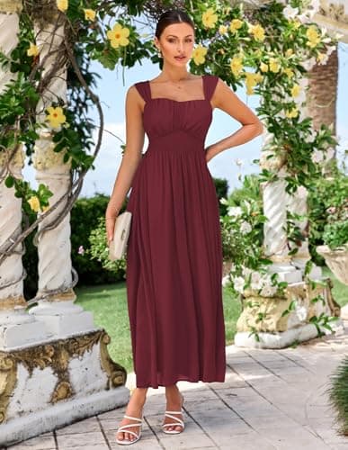GRACE KARIN Summer Wine Red Dress for Women 2026,Off The Shoulder Smocked Bridesmaid Dresses,Formal Baby Shower Maxi Dresses S - Thumbnail 3