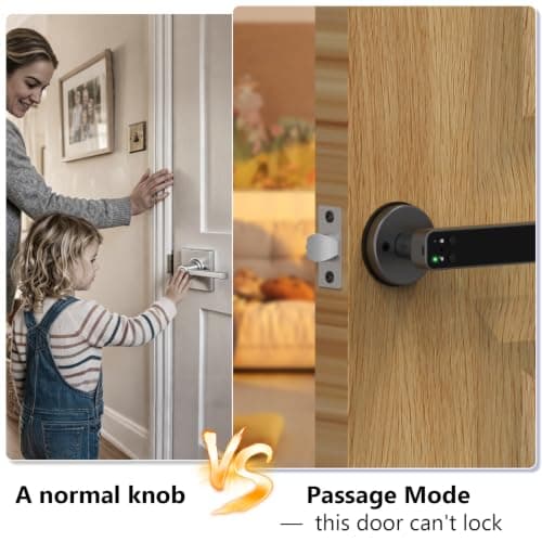 Fingerprint Keyless Entry Bedroom Door Lock with Code RFID Card NFC APP Keypad, Smart Biometric Automatic Interior Door Handle with Lock for Indoor Hotel Pantry Apartment Office Home, Black - Thumbnail 2