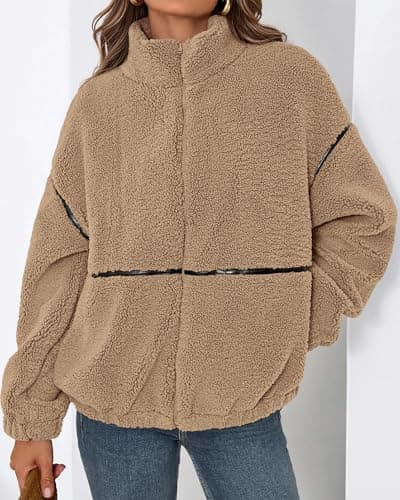 KIRUNDO Sherpa Jacket Women Fleece Oversized Zip Up Winter Coats Fall Jackets Faux Fur Warm Outwear 2026 Fashion Clothing(Khaki, Medium) - Thumbnail 6