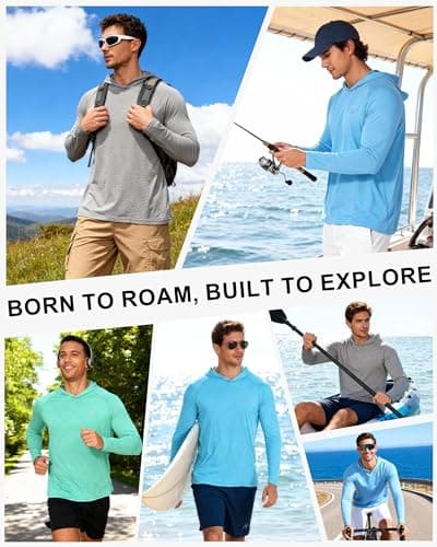 isnowood Men's Sun Protection Fishing Shirts, UPF 50+ Long Sleeve UV Hoodie, Hiking Swimming Hooded Rash Guard Lightweight Heather Grey - Thumbnail 6