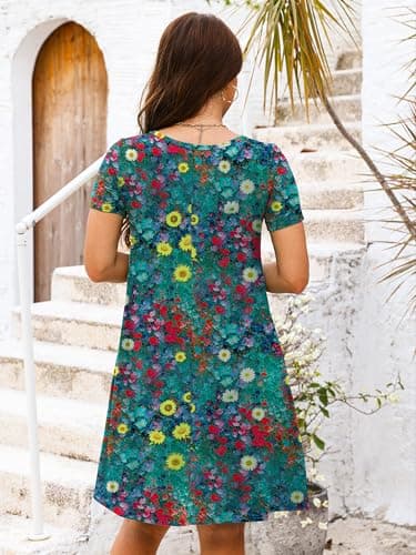 Heymoments Summer Dresses for Women Casual 2026 Floral Print Large Short Sleeve V Neck Cute T Shirt Loose Sundress Comfy Swing Work Flowy Ladies Beach Vacation Teen Teacher Dresses with Pockets - Thumbnail 5