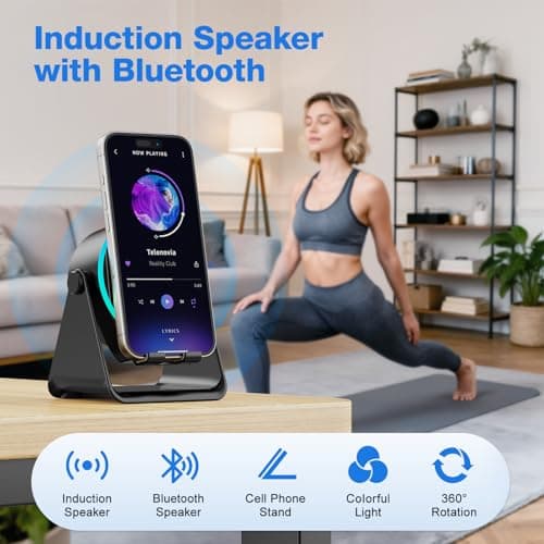TARKARI Wireless Induction Speaker, 5 in 1 Bluetooth Speaker, 360° Rotation Cell Phone Stand and Colorful Ambient Light, Compatible with iPhone iPad Android Tablet, Birthday Gifts for Him Women Men - Thumbnail 2